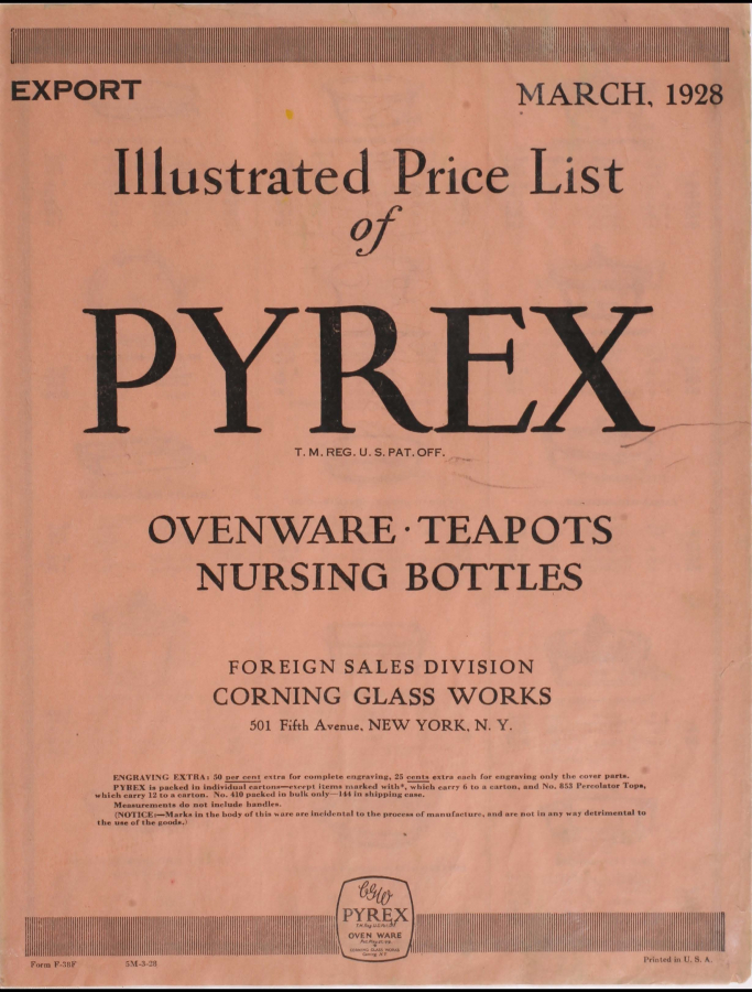 Illustrated price list of Pyrex Ovenware, teapots, nursing bottles: Export, March 1928