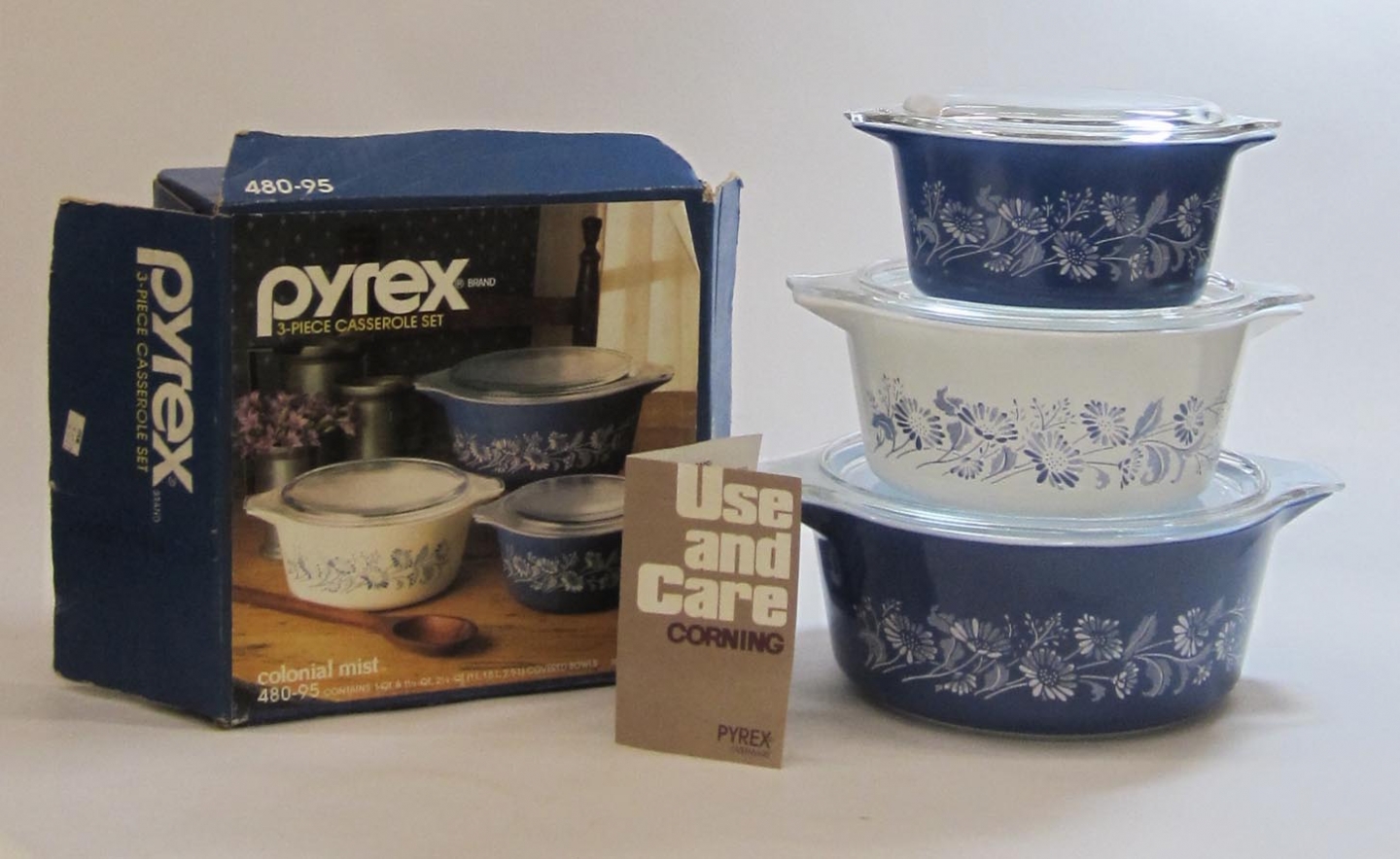 Pyrex “Colonial Mist” 3-Piece Casserole Set in Original Box