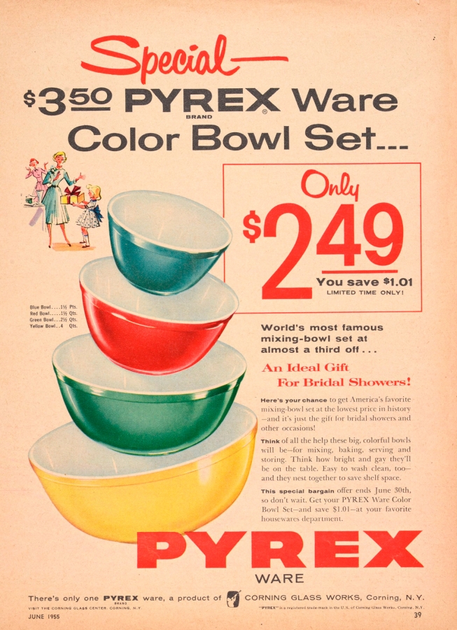 “Special – $3.50 Pyrex Ware color bowl set . . . only $2.49”, Corning Glass Works, Published in Family Circle, June 1955. CMGL 98315
