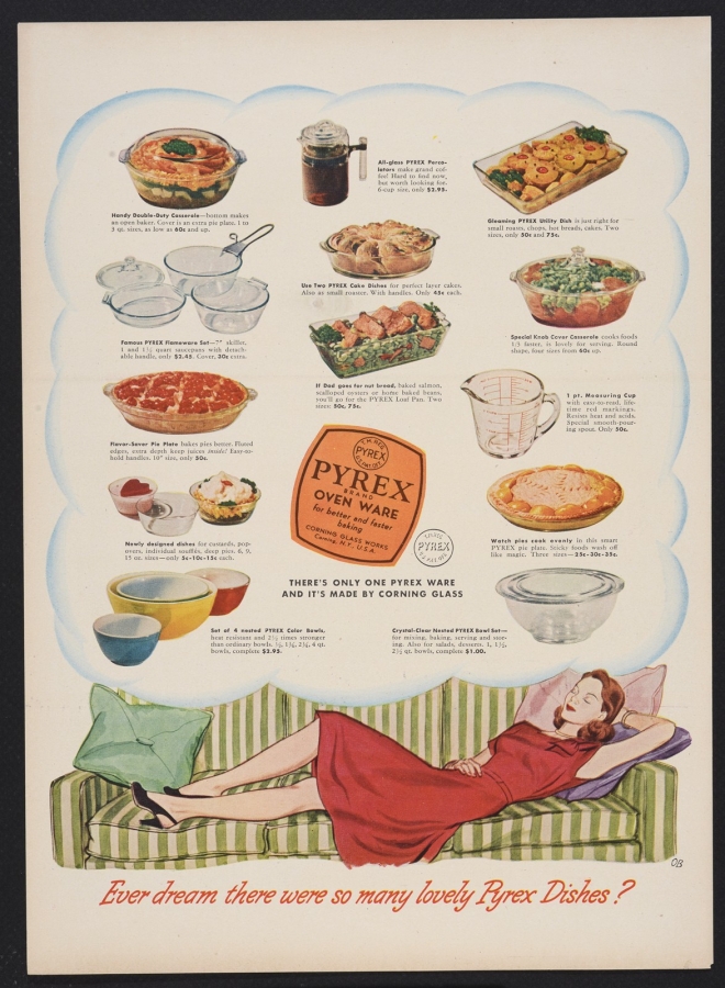 “Ever dream there were so many lovely Pyrex dishes?” 