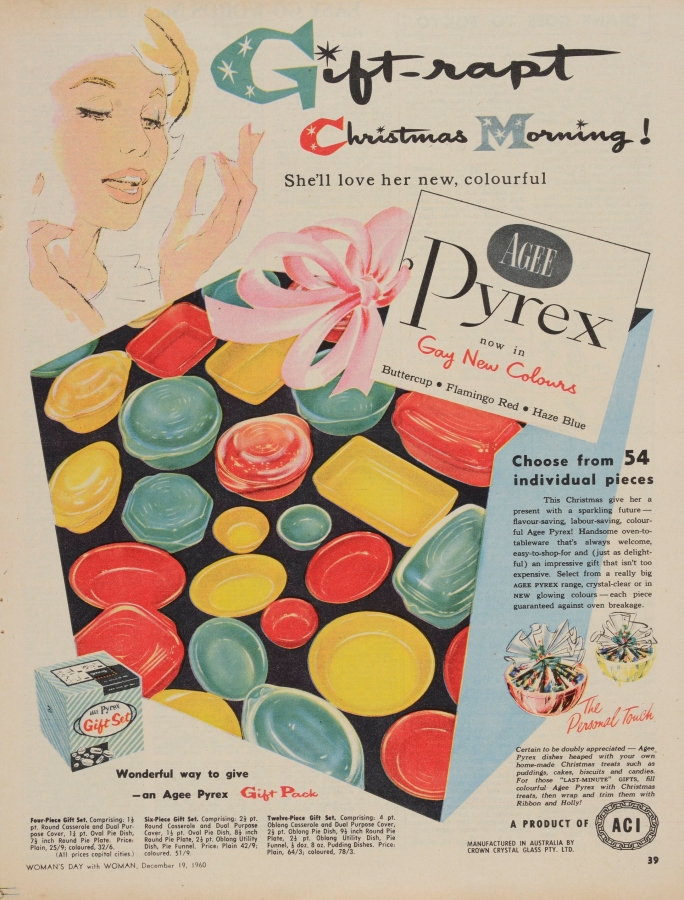 “Gift-rapt Christmas morning! She'll love her new, colourful Agee Pyrex now in gay new colours.” 