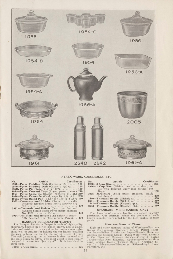Page 13 featuring Pyrex from Catalogue of premiums obtainable with McCormick & Co's. profit sharing certificates for retailers