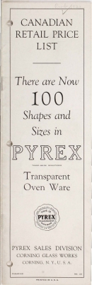 Canadian retail price list: there are now 100 shapes and sizes in Pyrex transparent oven ware