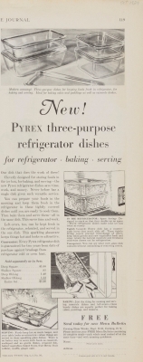 “New! Pyrex three-purpose refrigerator dishes: for refrigerator, baking, serving.”