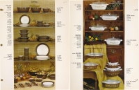 Catalog page of Corning tableware, serving pieces, bowls and casseroles in Terra, Golden Honeysuckle, and Early American patterns